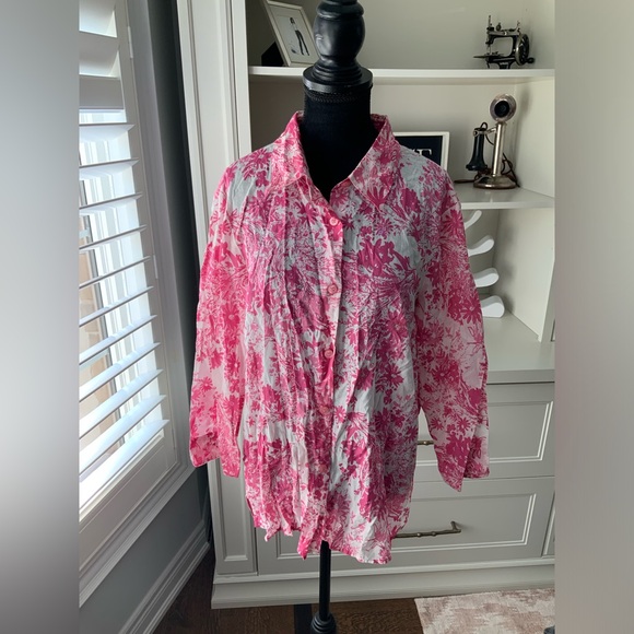 Vintage LIZ CLAIBORNE FIRST ISSUE Pink & White Button Up Cotton Blouse SZ Large - Picture 4 of 14